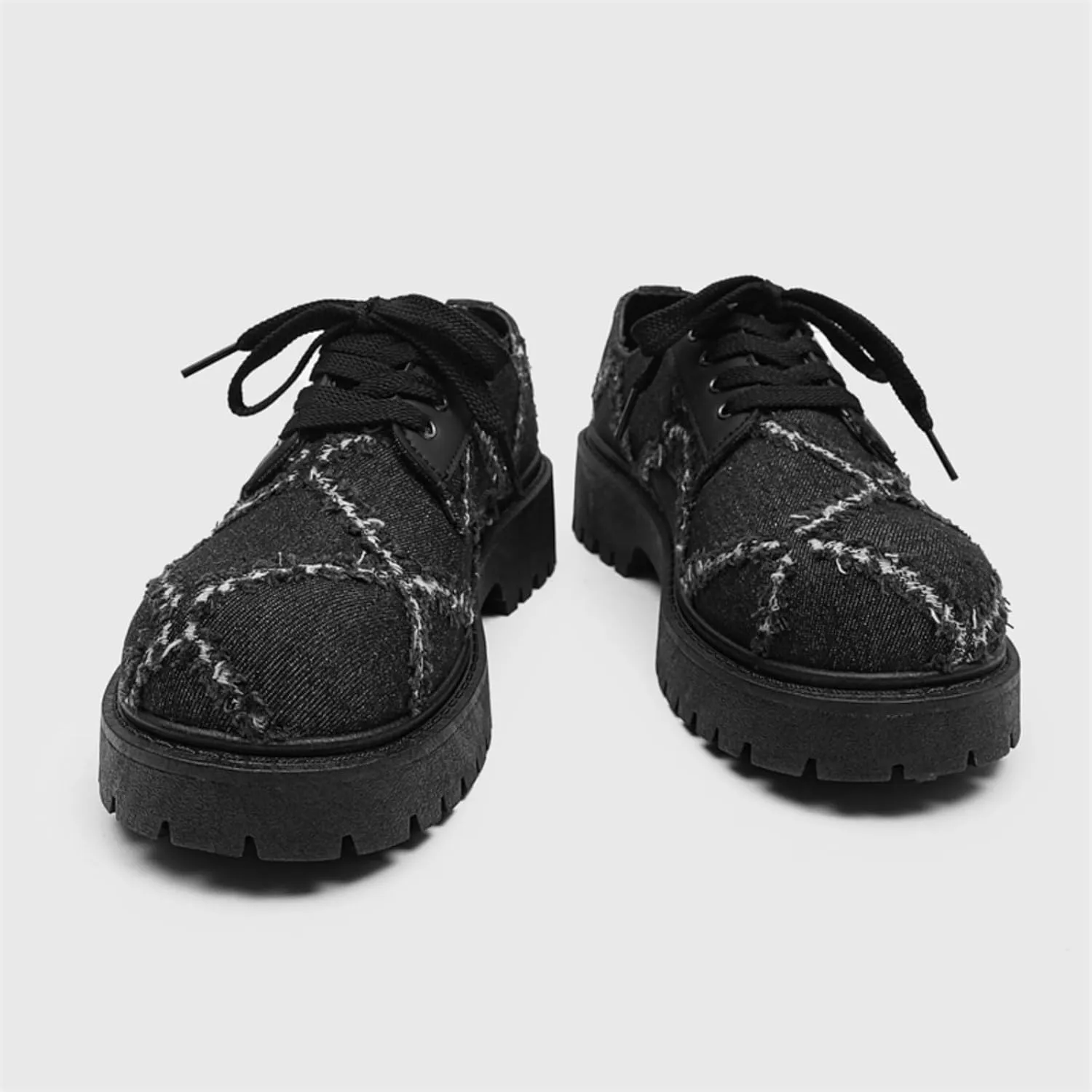 Men's Chunky Distressed Denim Oxford Shoes with Rugged Rubber Sole & Lace-Up Design Anti-Slip Platform Casual Footwear for Street Style & Urban Outdoor Wear