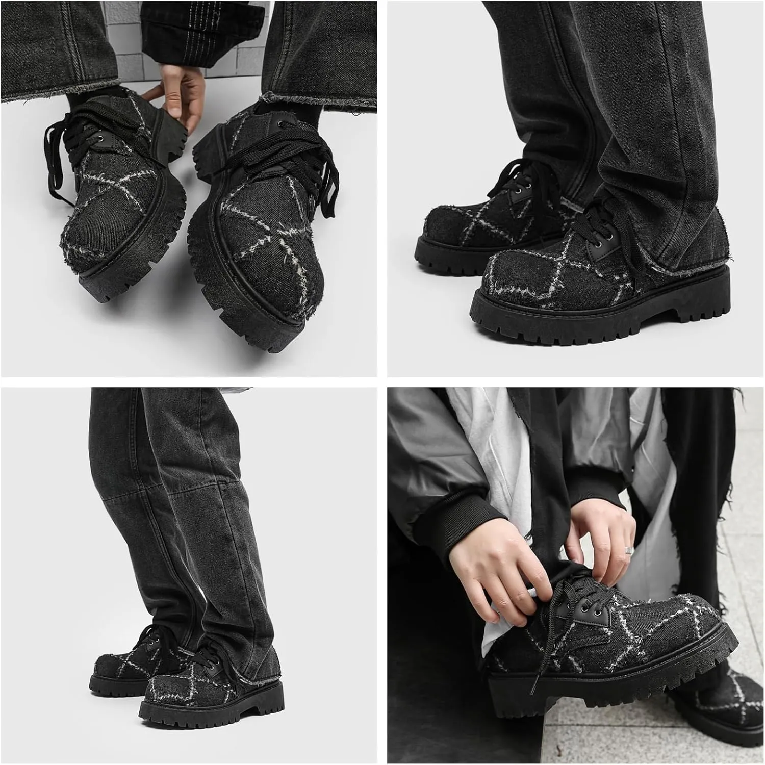 Men's Chunky Distressed Denim Oxford Shoes with Rugged Rubber Sole & Lace-Up Design Anti-Slip Platform Casual Footwear for Street Style & Urban Outdoor Wear