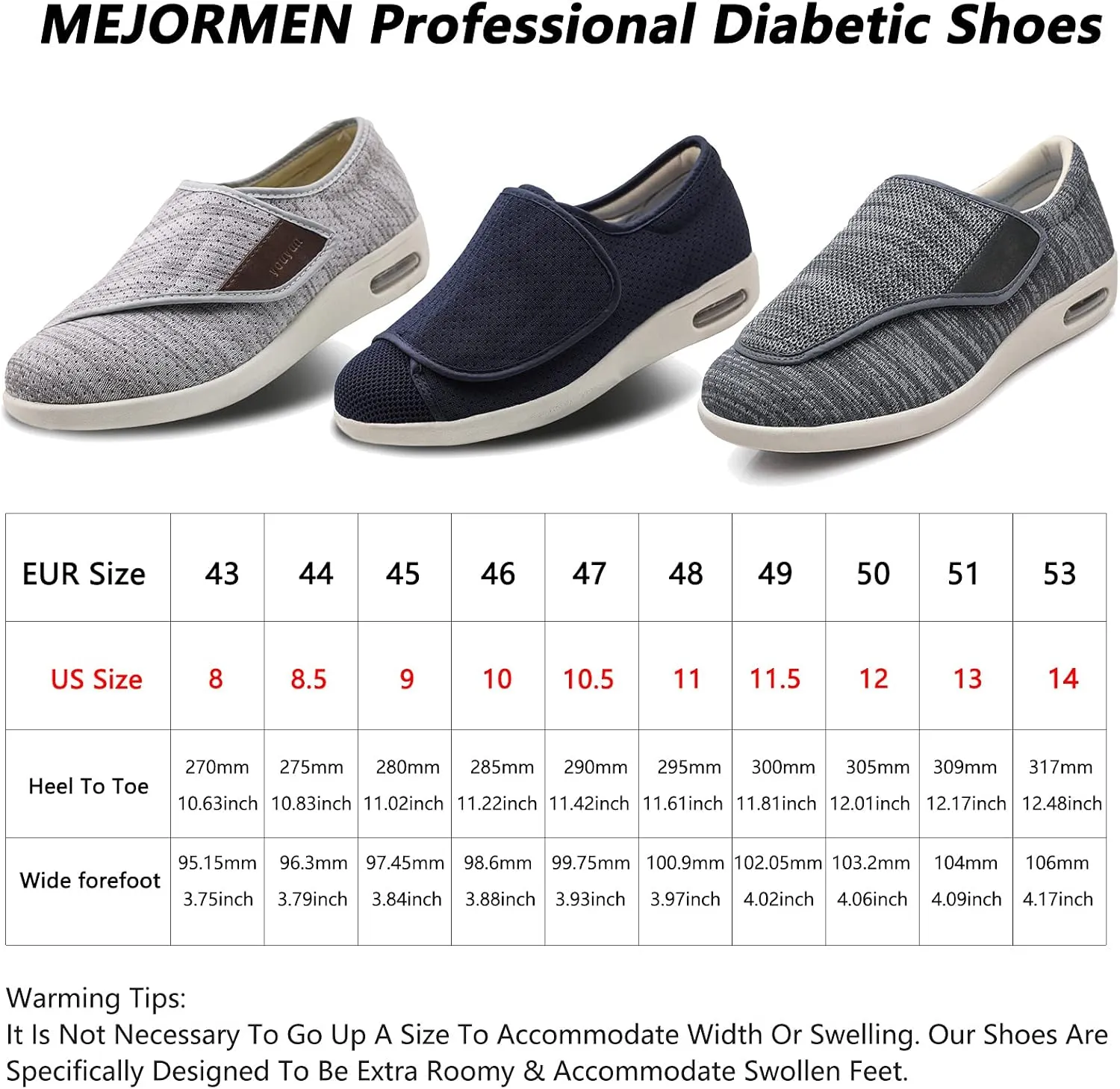 Men's Diabetic Shoes Extra Wide Width Easy On & Off Walking Sneakers with Air Cushion & Breathable Mesh, Support for Elderly Men, Swollen Feet, Edema, Plantar Fasciitis Light Gray