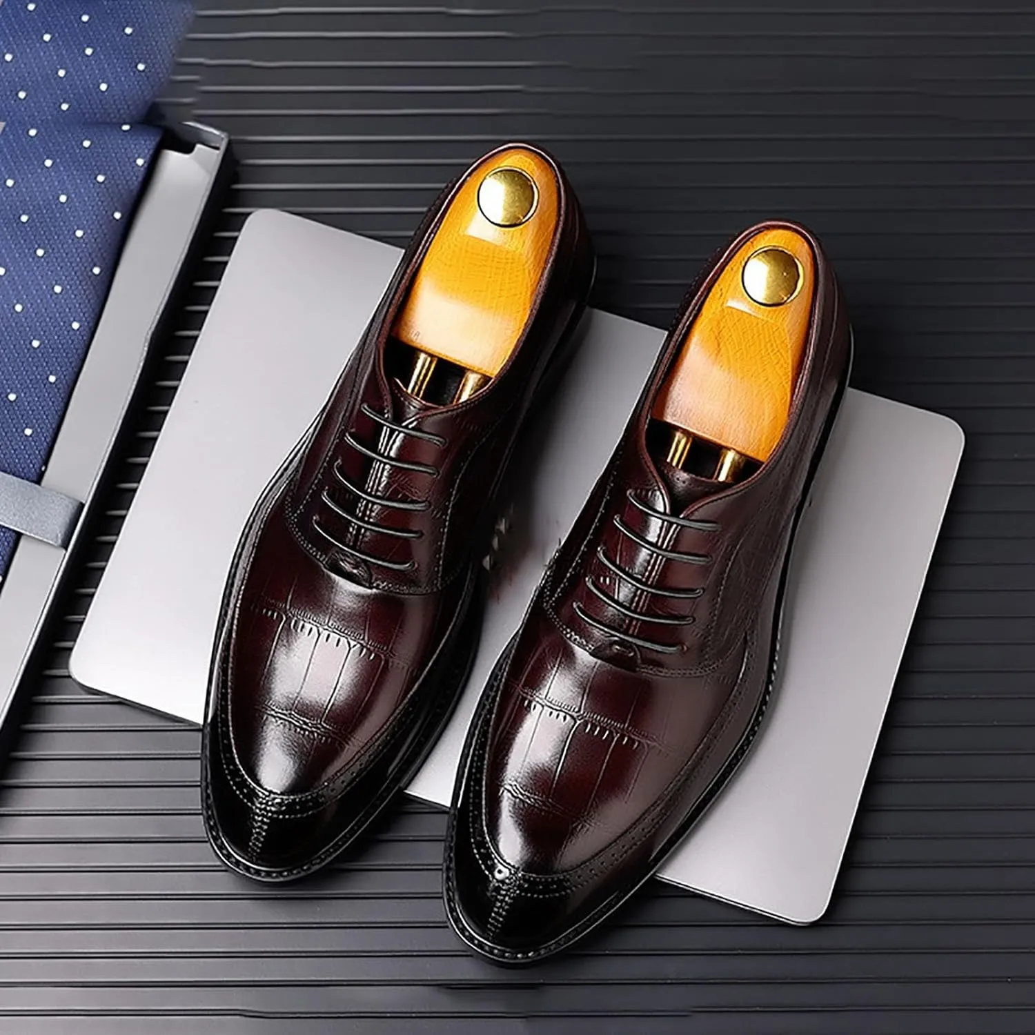 Men's Dress Genuine Leather Oxfords Luxury Crocodile Leather Business Suit Shoes ，Classic Lace Up Comfortable Dress Shoes