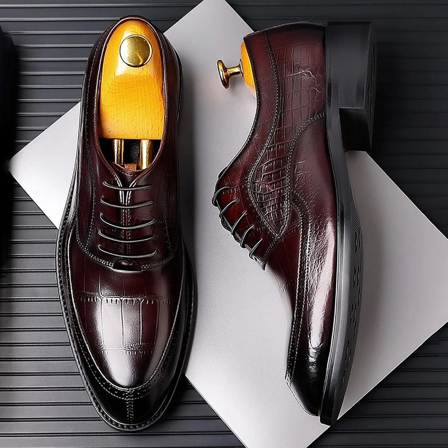 Men's Dress Genuine Leather Oxfords Luxury Crocodile Leather Business Suit Shoes ，Classic Lace Up Comfortable Dress Shoes