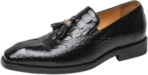 Men's Genuine Leather Formal Shoes, Crocodile Pattern Slip-On Loafers, Breathable Office Dress Shoes, Wedding Party Driving Moccasins