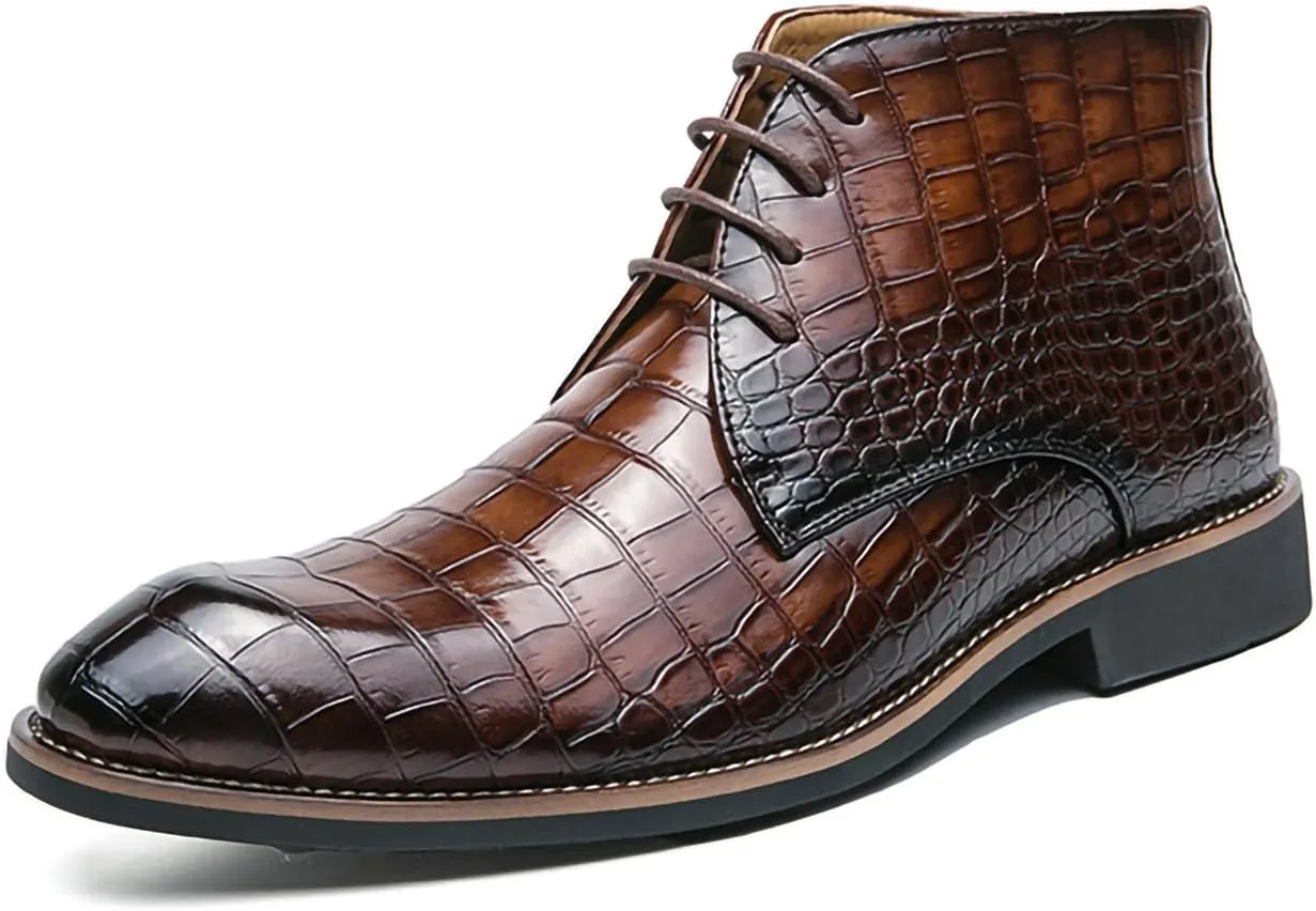 Men's Lace Up Oxford Dress Boots PU Leather Crocodile Pattern Chukka Ankle Boots