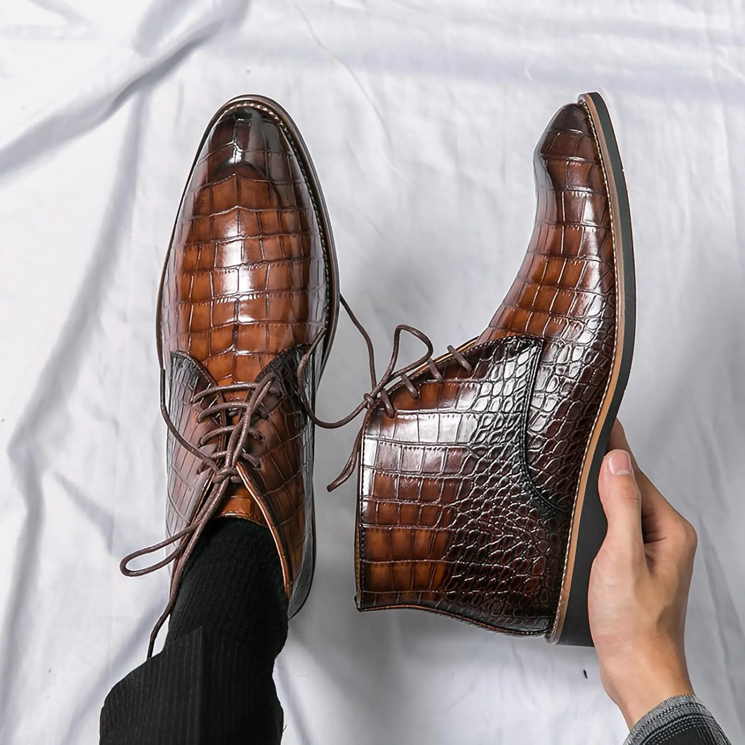 Men's Lace Up Oxford Dress Boots PU Leather Crocodile Pattern Chukka Ankle Boots