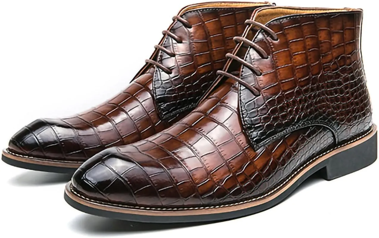 Men's Lace Up Oxford Dress Boots PU Leather Crocodile Pattern Chukka Ankle Boots