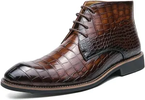 Men's Lace Up Oxford Dress Boots PU Leather Crocodile Pattern Chukka Ankle Boots
