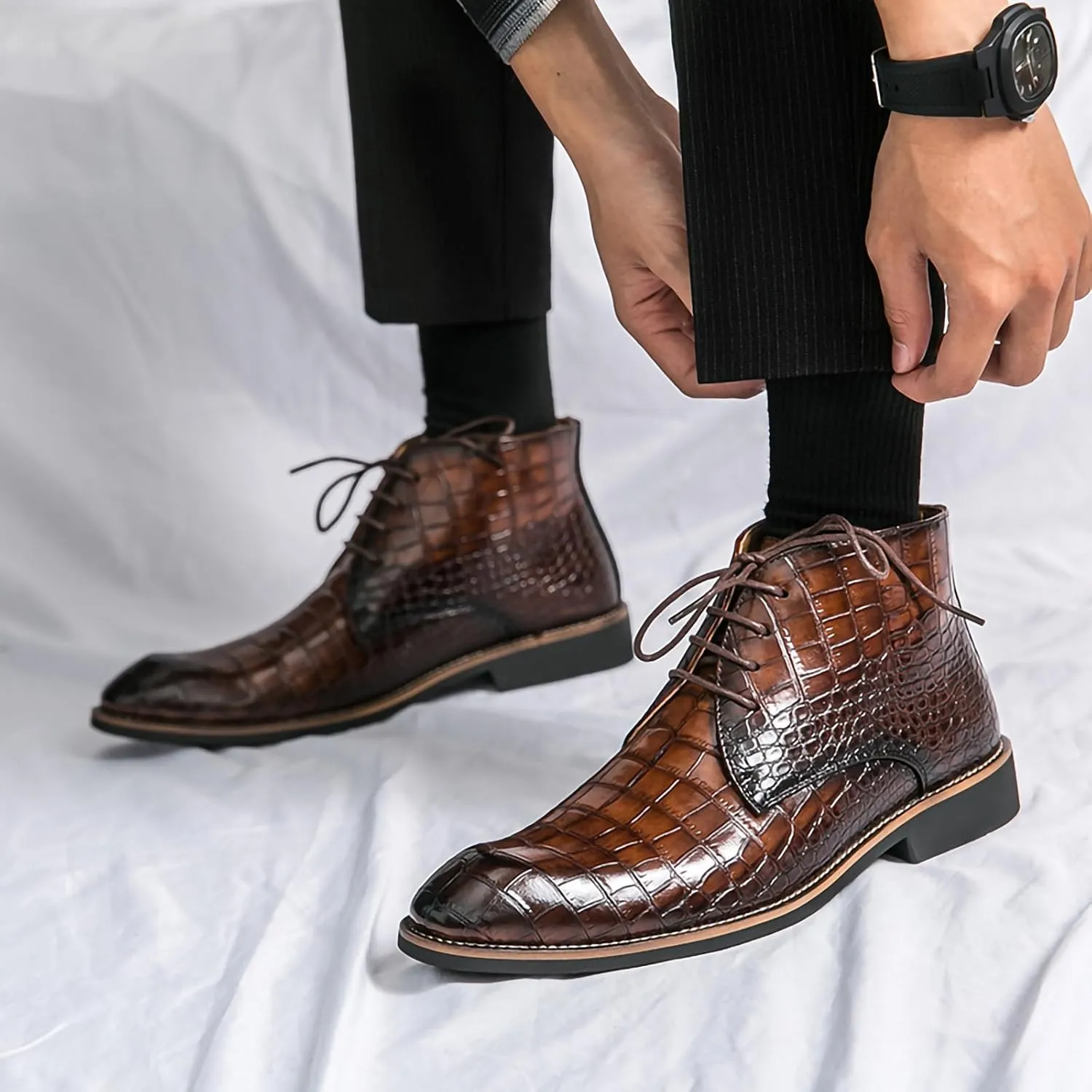 Men's Lace Up Oxford Dress Boots PU Leather Crocodile Pattern Chukka Ankle Boots