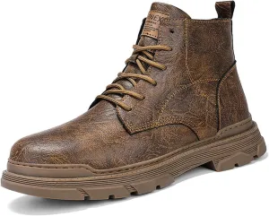 Men's Leather Lace Up Motorcycle Combat Boots Retro Round Toe lug sole Chukka Ankle Boots Casual Waterproof Oxford Dress Work Boot