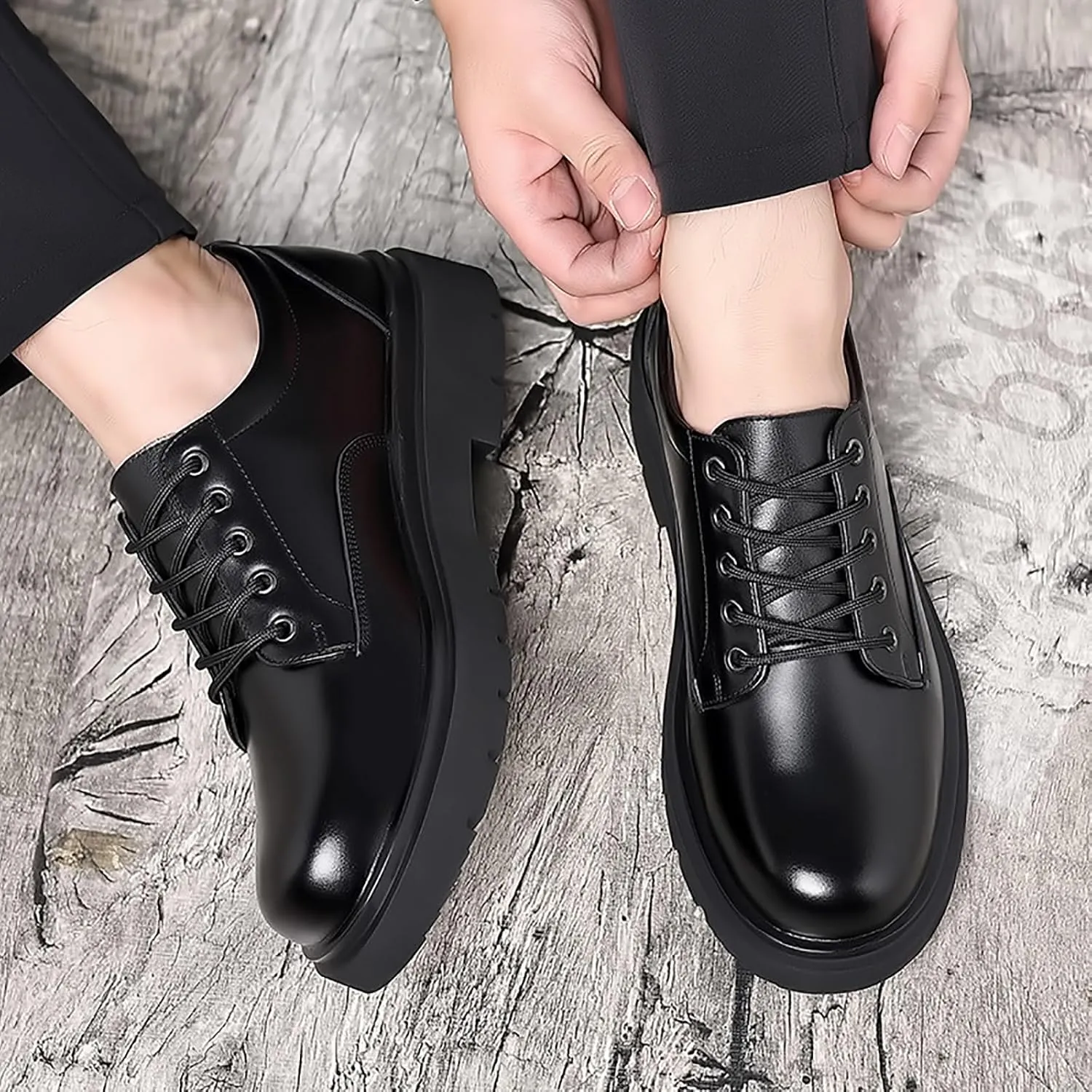 Men's Leather Lace Up Platform Oxfords Retro Comfortable Round Toe Non-Slip Lug Sole Casual Derbys Dress Shoes for Formal Business Office Leather Shoes
