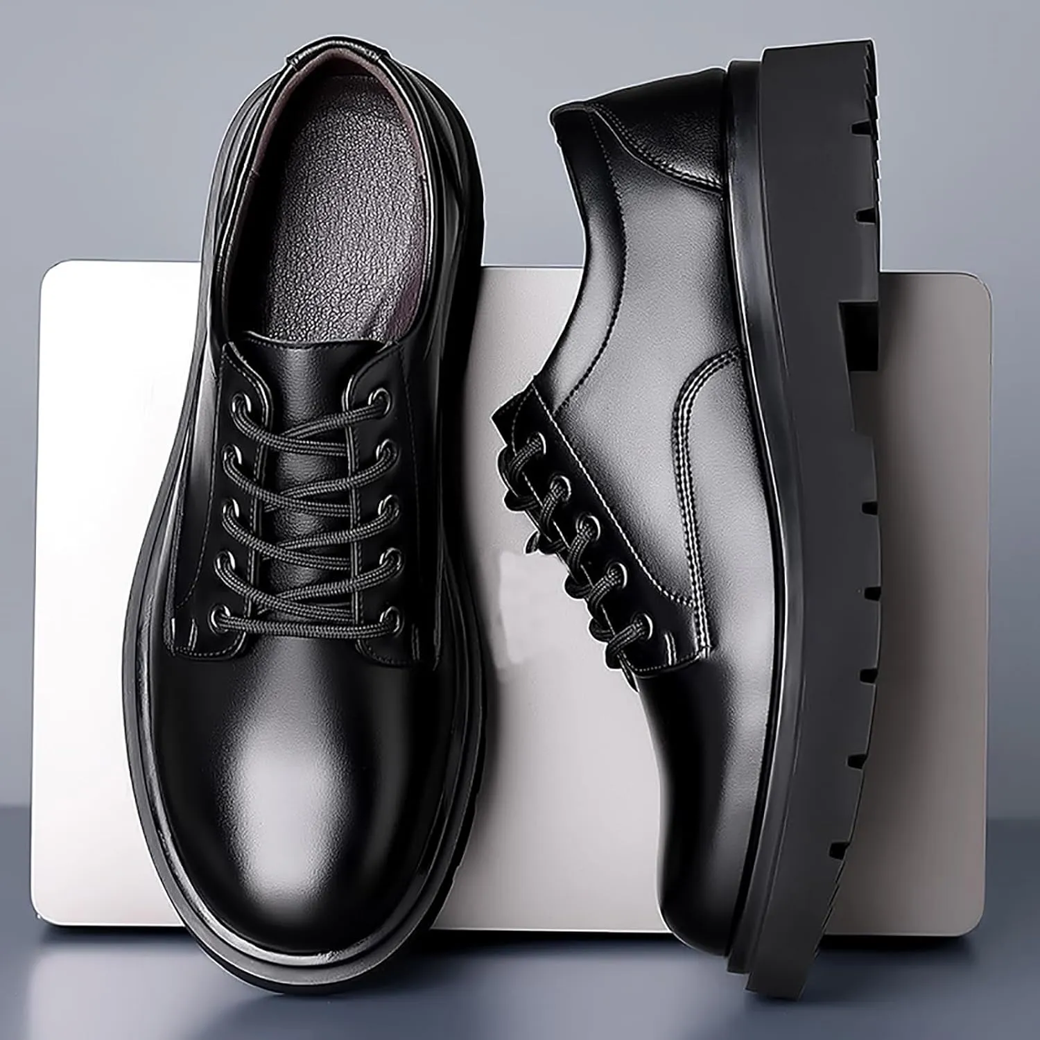 Men's Leather Lace Up Platform Oxfords Retro Comfortable Round Toe Non-Slip Lug Sole Casual Derbys Dress Shoes for Formal Business Office Leather Shoes