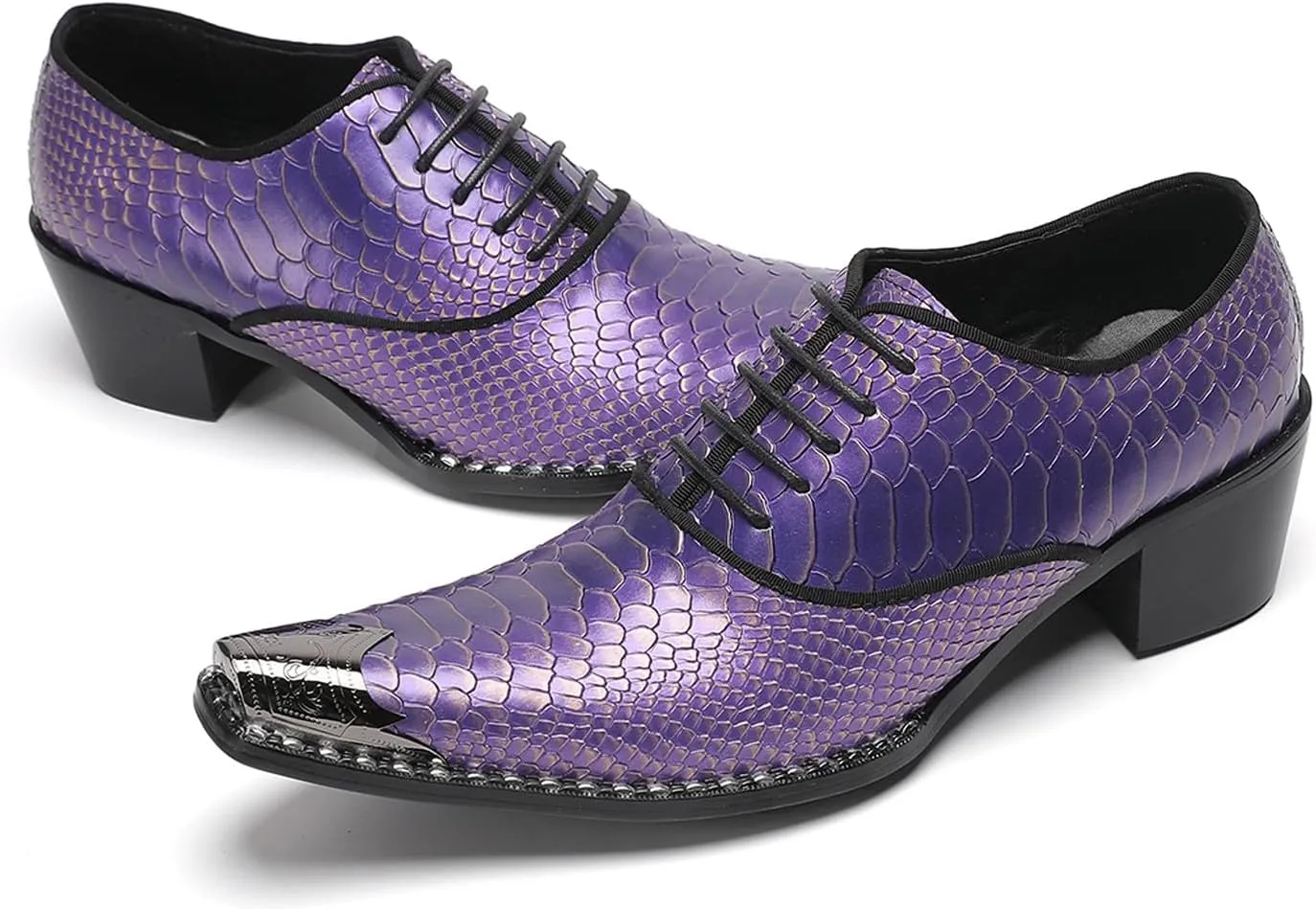 Men’s Leather Oxfords Purple Dress Casual Shoes – Metal Pointed Toe Lace-Up Oxford, Fashion Formal Shoes for Weddings, Prom, Parties, Business & Evening Wear