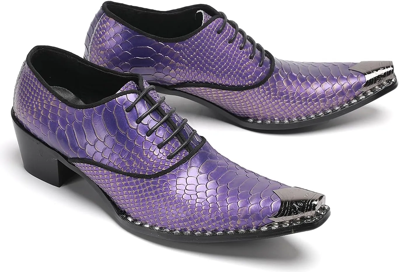 Men’s Leather Oxfords Purple Dress Casual Shoes – Metal Pointed Toe Lace-Up Oxford, Fashion Formal Shoes for Weddings, Prom, Parties, Business & Evening Wear