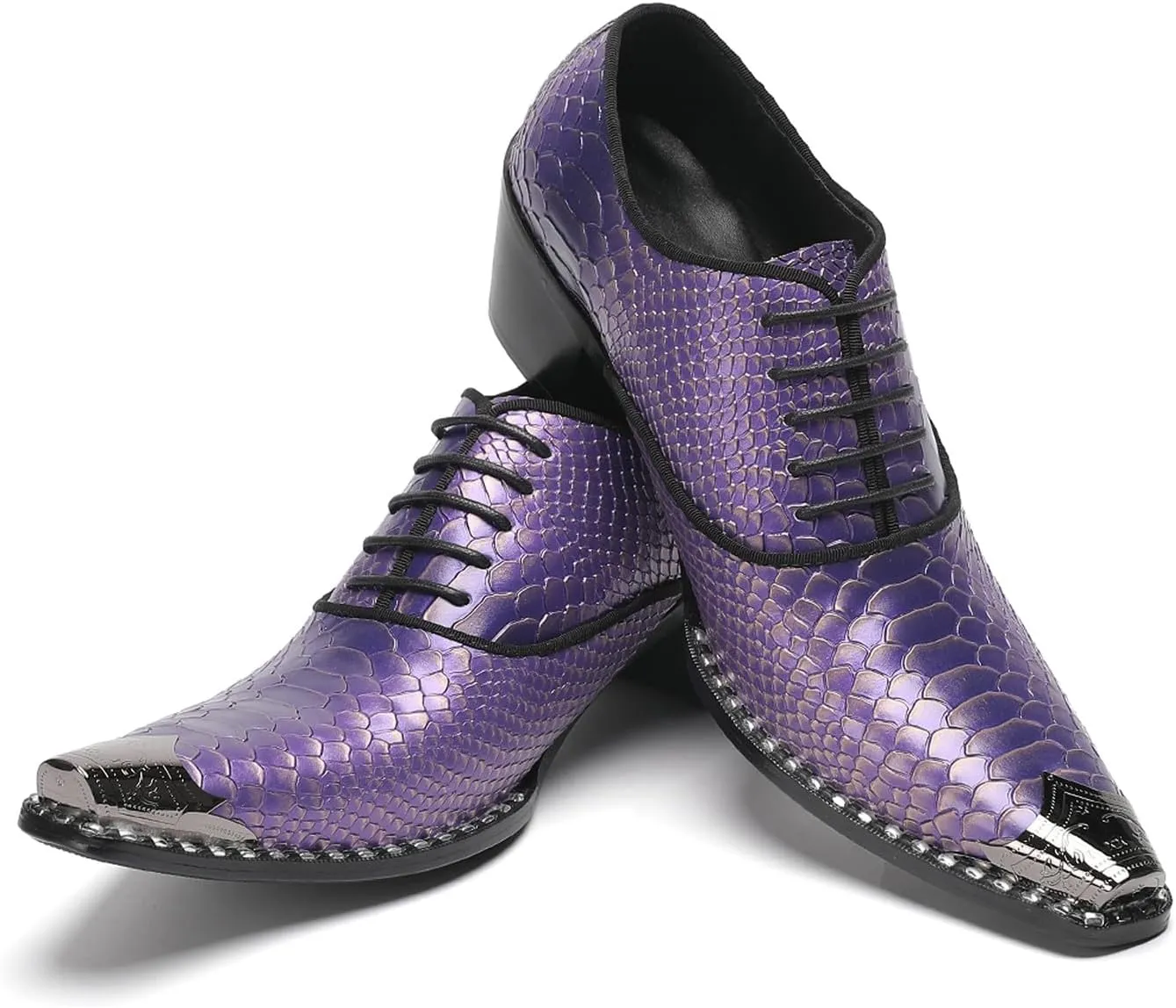 Men’s Leather Oxfords Purple Dress Casual Shoes – Metal Pointed Toe Lace-Up Oxford, Fashion Formal Shoes for Weddings, Prom, Parties, Business & Evening Wear