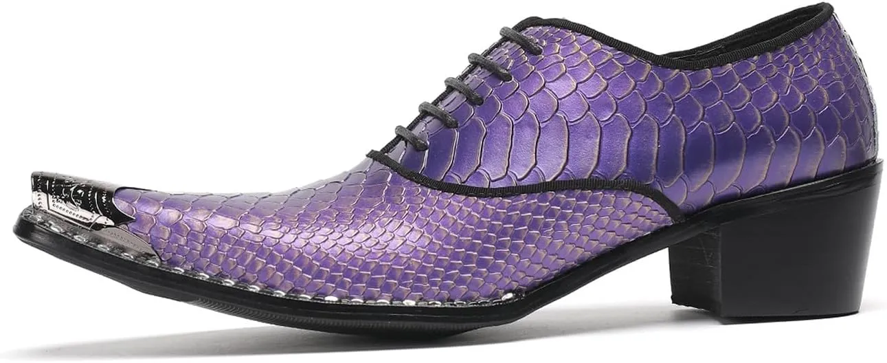 Men’s Leather Oxfords Purple Dress Casual Shoes – Metal Pointed Toe Lace-Up Oxford, Fashion Formal Shoes for Weddings, Prom, Parties, Business & Evening Wear