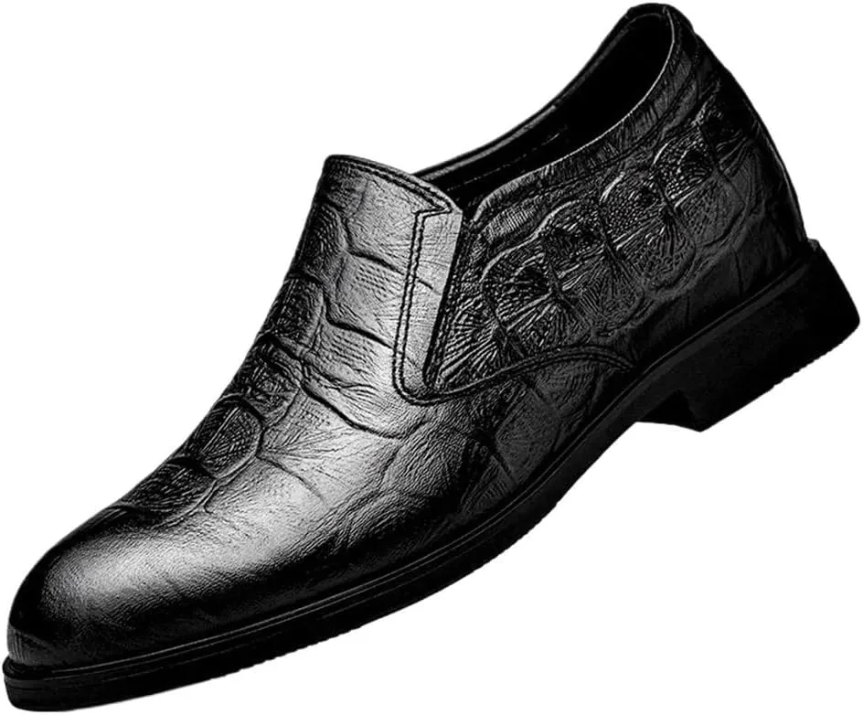 Men's PU Leather Height Increase Shoes Black Slip On Round Toe Loafers Classic Crocodile Pattern Oxford Shoes