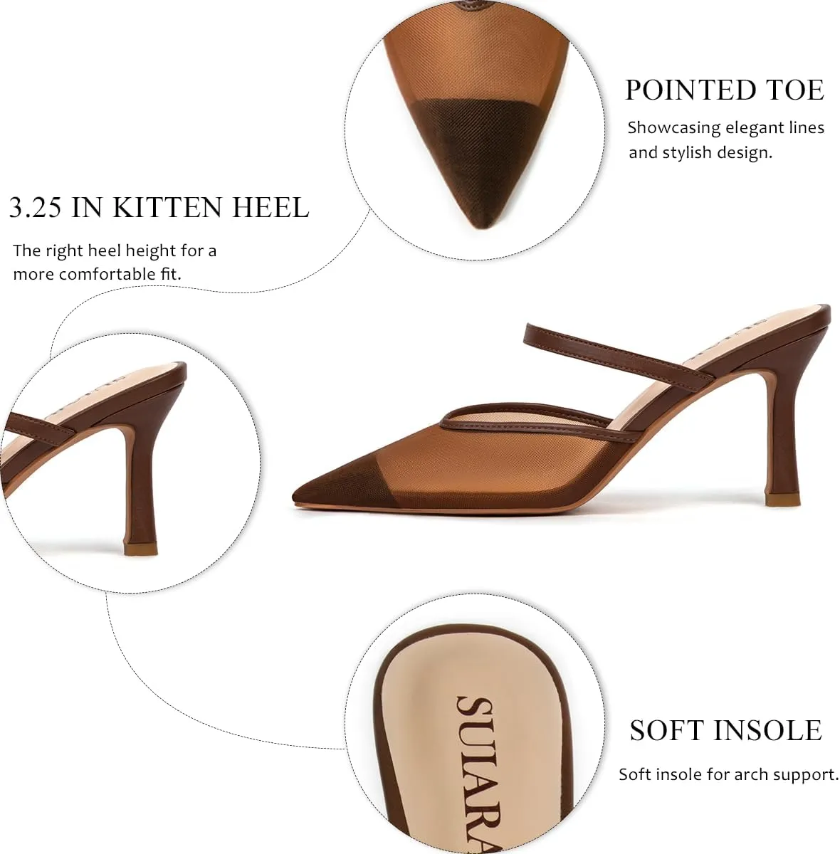 Mesh Kitten Heels for Women Pointed Closed Toe Mule Heeled Sandals Sexy Slip On Dress Pumps