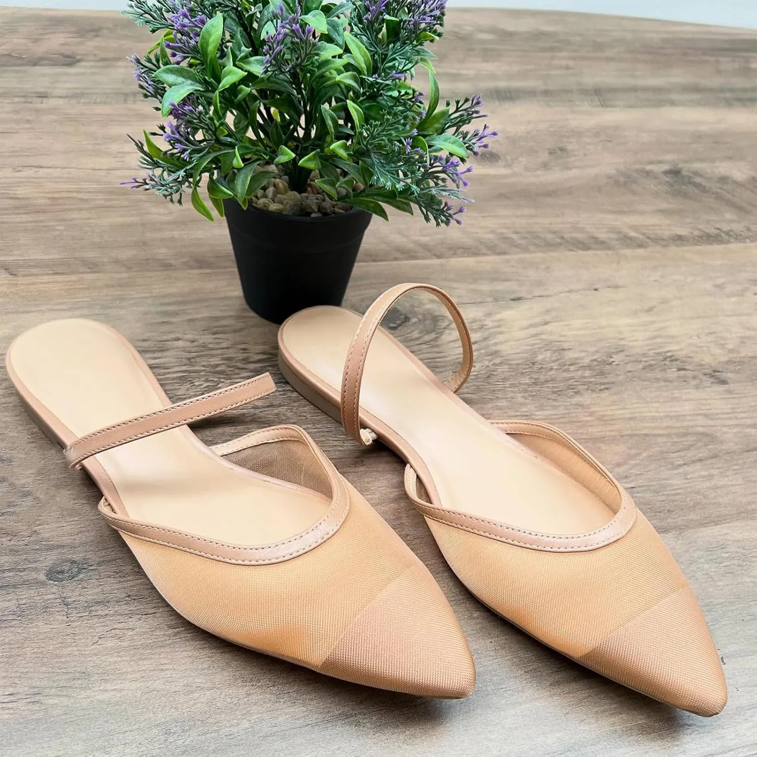 Mesh Mules for Women Comfy Raffia Woven Strap Closed Pointed Toe Mule Flats Casual Slip on Dress Slides Flats
