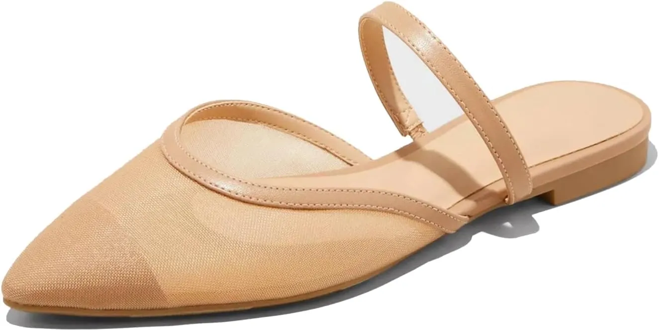 Mesh Mules for Women Comfy Raffia Woven Strap Closed Pointed Toe Mule Flats Casual Slip on Dress Slides Flats