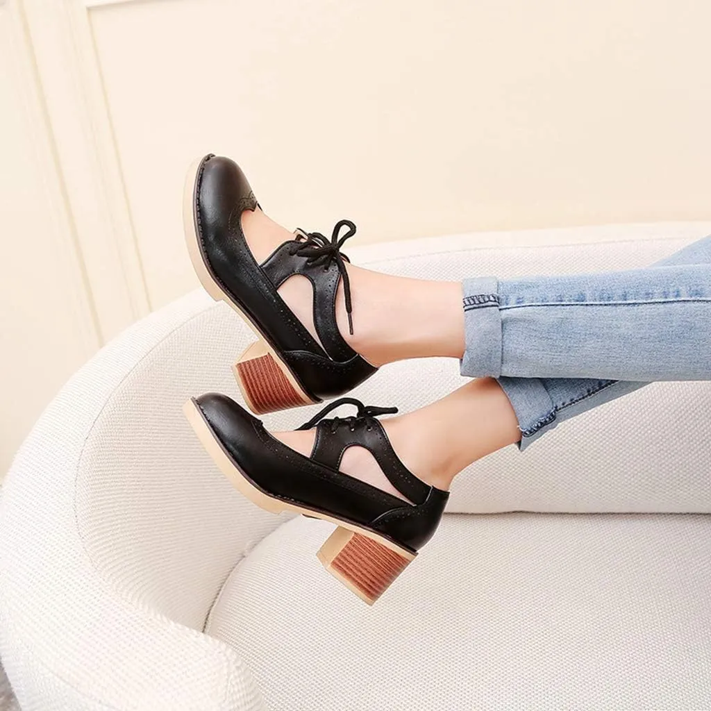 MIOKE Women's Pump Oxfords Brogues Cutout Wingtip Lace Up Chunky Block Heel Vintage Mary Jane Dress Shoes