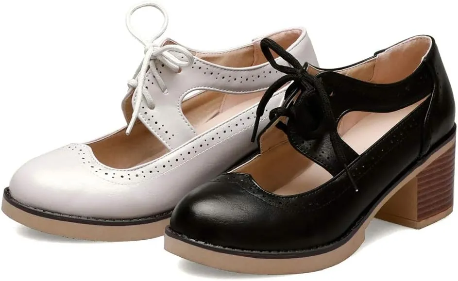 MIOKE Women's Pump Oxfords Brogues Cutout Wingtip Lace Up Chunky Block Heel Vintage Mary Jane Dress Shoes