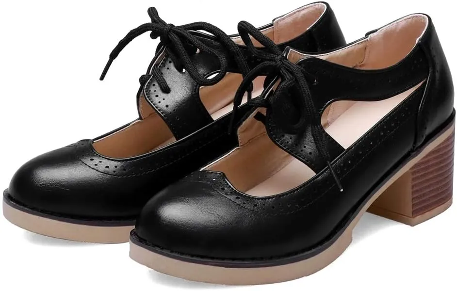 MIOKE Women's Pump Oxfords Brogues Cutout Wingtip Lace Up Chunky Block Heel Vintage Mary Jane Dress Shoes