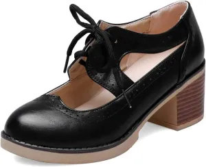 MIOKE Women's Pump Oxfords Brogues Cutout Wingtip Lace Up Chunky Block Heel Vintage Mary Jane Dress Shoes