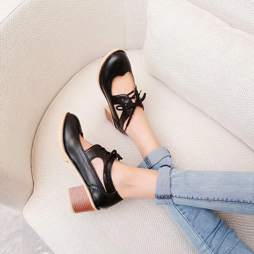 MIOKE Women's Pump Oxfords Brogues Cutout Wingtip Lace Up Chunky Block Heel Vintage Mary Jane Dress Shoes
