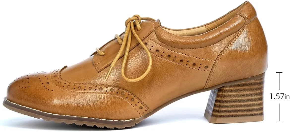 Mona flying Womens Leather Med Chunky Heel Wingtip Brogue Lace-up Dress Oxford Pumps Office Work Heel Shoes for Ladies