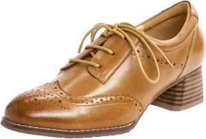 Mona flying Womens Leather Med Chunky Heel Wingtip Brogue Lace-up Dress Oxford Pumps Office Work Heel Shoes for Ladies
