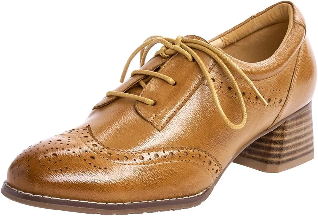 Mona flying Womens Leather Med Chunky Heel Wingtip Brogue Lace-up Dress Oxford Pumps Office Work Heel Shoes for Ladies