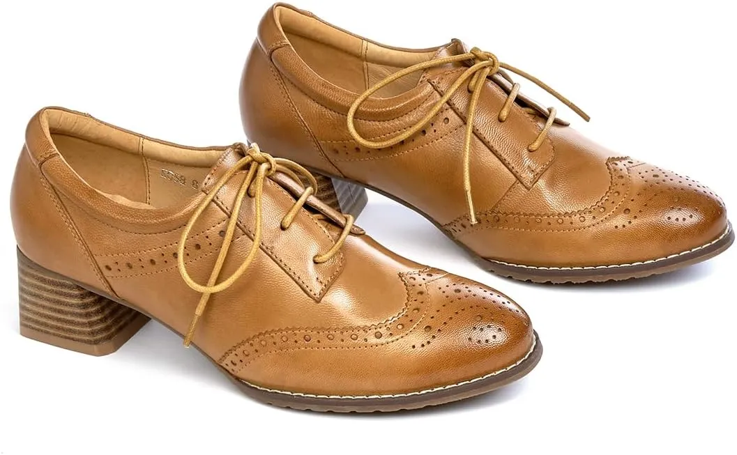 Mona flying Womens Leather Med Chunky Heel Wingtip Brogue Lace-up Dress Oxford Pumps Office Work Heel Shoes for Ladies