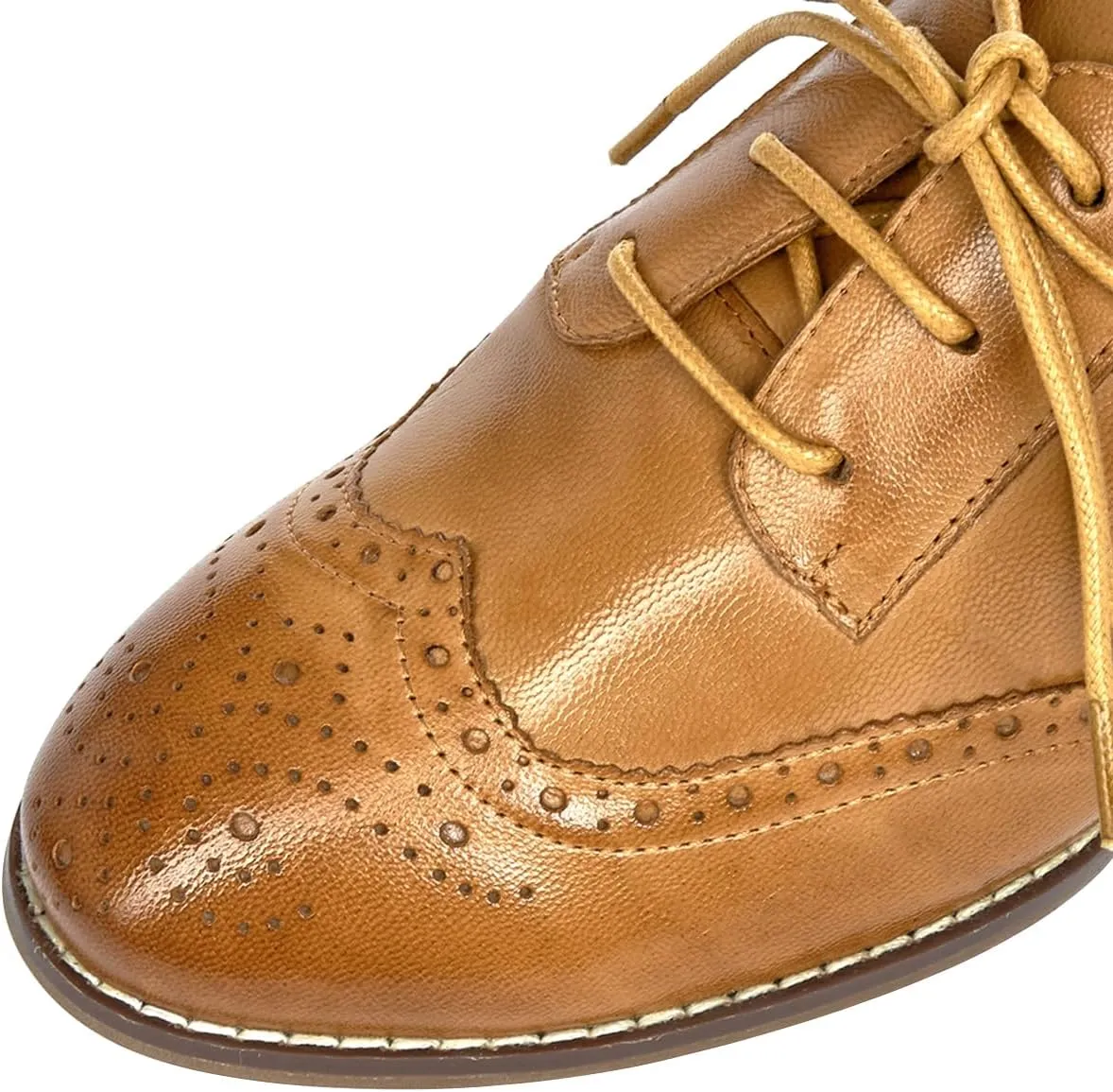 Mona flying Womens Leather Med Chunky Heel Wingtip Brogue Lace-up Dress Oxford Pumps Office Work Heel Shoes for Ladies