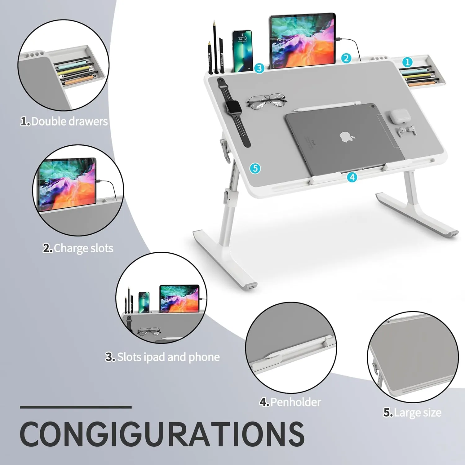 Monomi Laptop Desk for Bed, Height & Angle Adjustable Laptop Stand for Bed，Light Weight Foldable Portable Lap Desks Trays with Storage Drawers, Lap Table for Eating, Working, Writing and Drawing