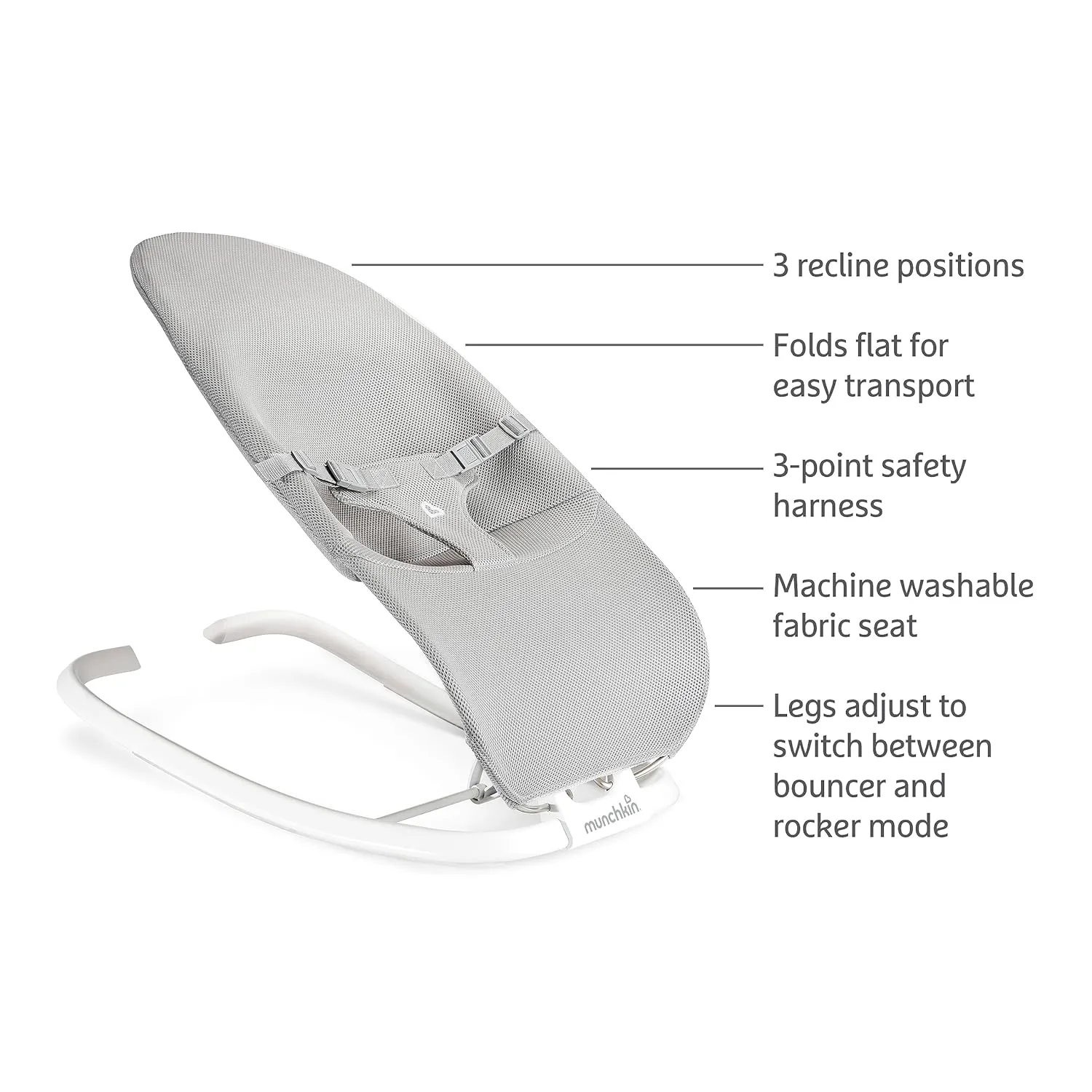 Munchkin Spring Baby Bouncer and Rocker Seat, 2-in-1 Design, Portable and Lightweight with 3 Recline Positions, Grey