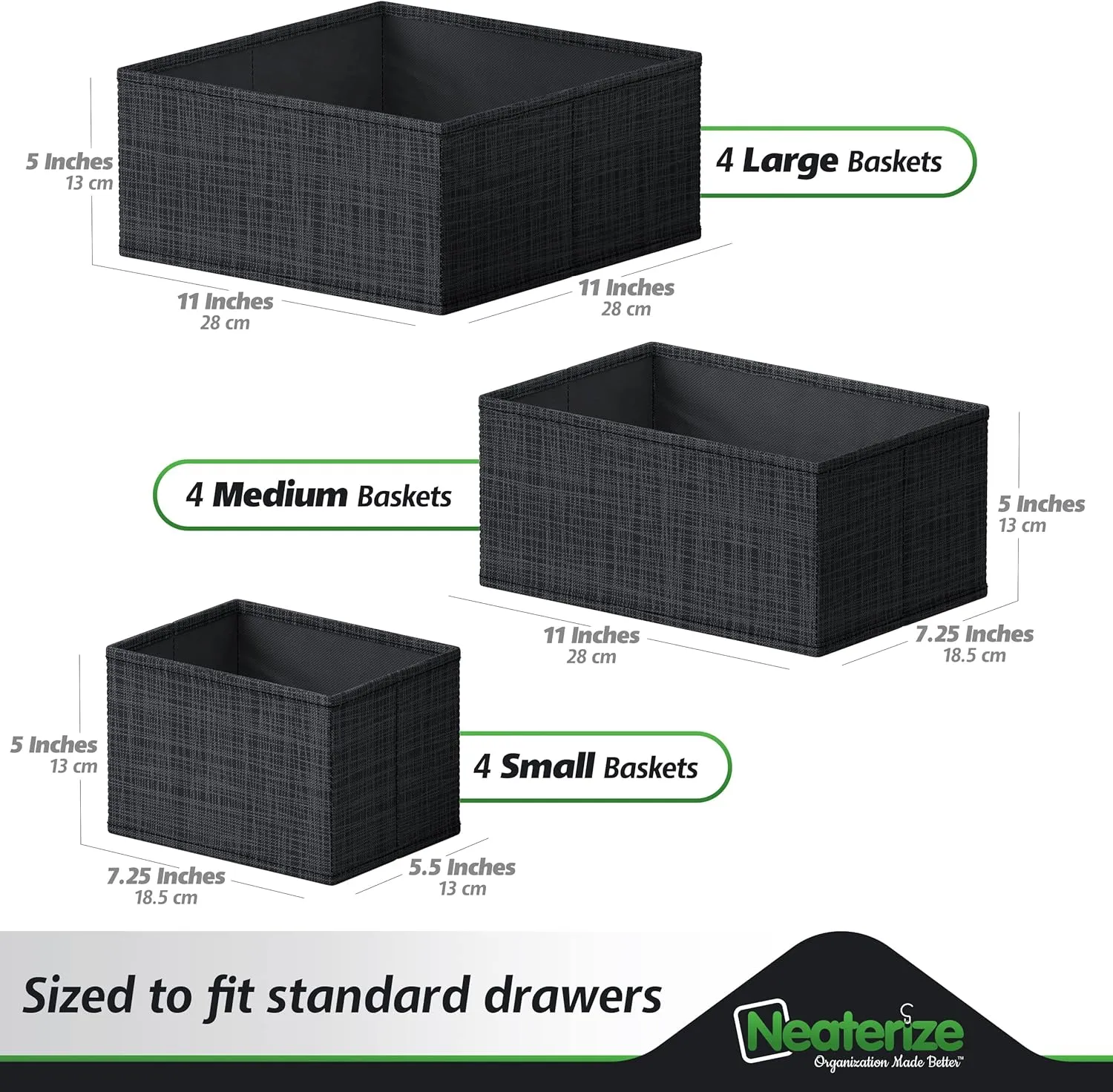NEATERIZE Drawer Organizer Clothes Set of 12 Black - Dresser Organizer For Nursery, Bedroom, Closet