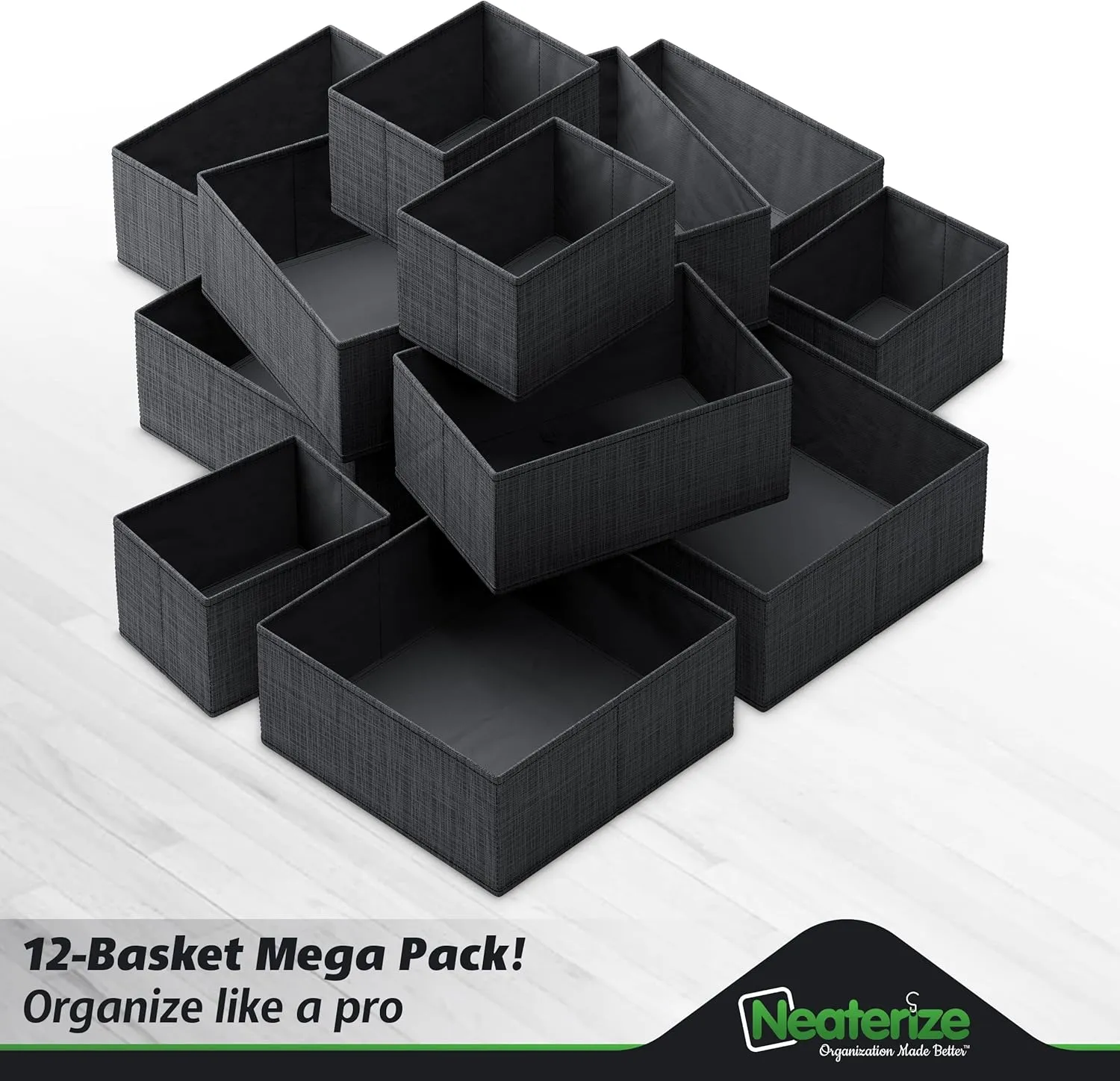NEATERIZE Drawer Organizer Clothes Set of 12 Black - Dresser Organizer For Nursery, Bedroom, Closet