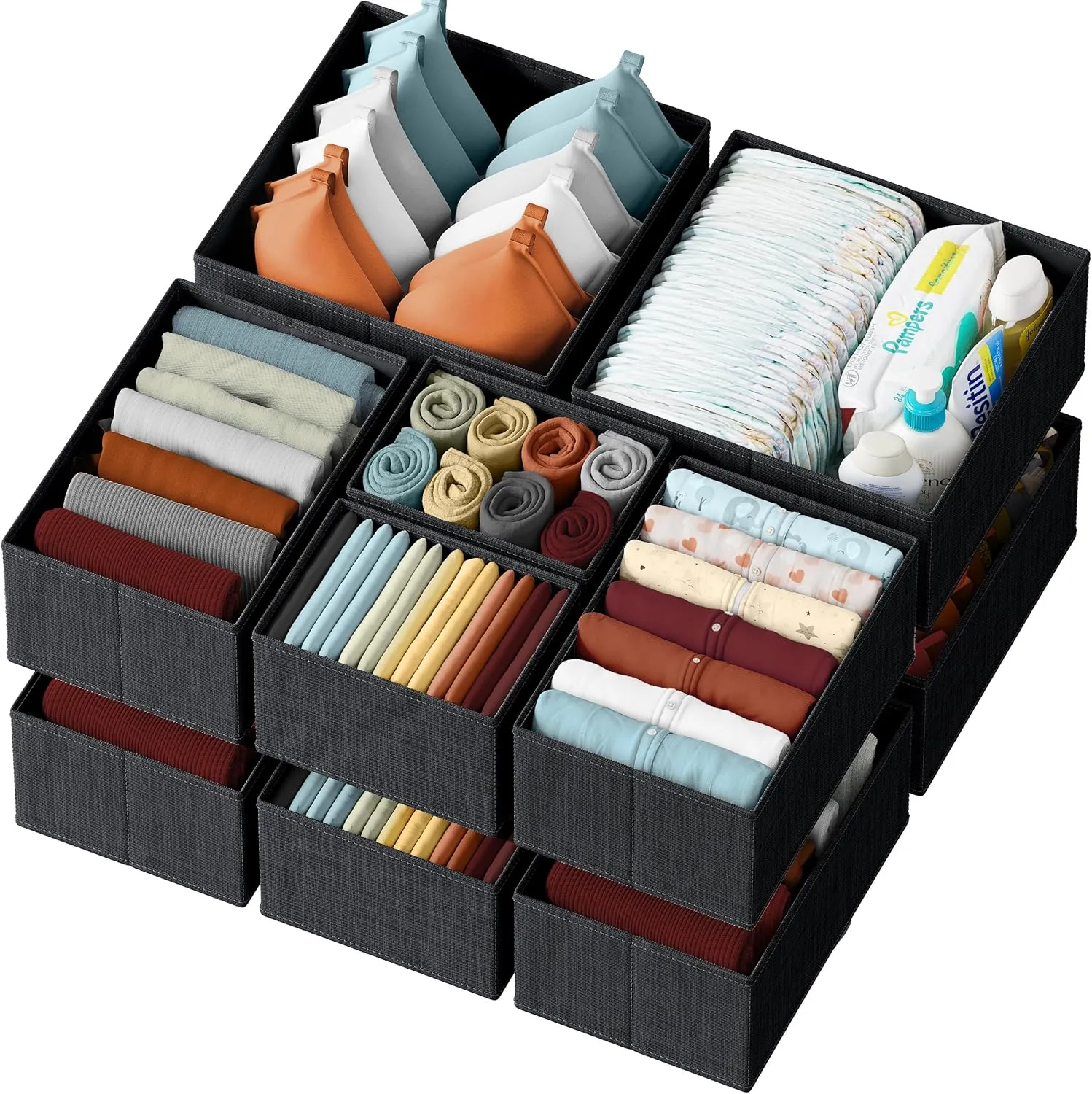 NEATERIZE Drawer Organizer Clothes Set of 12 Black - Dresser Organizer For Nursery, Bedroom, Closet