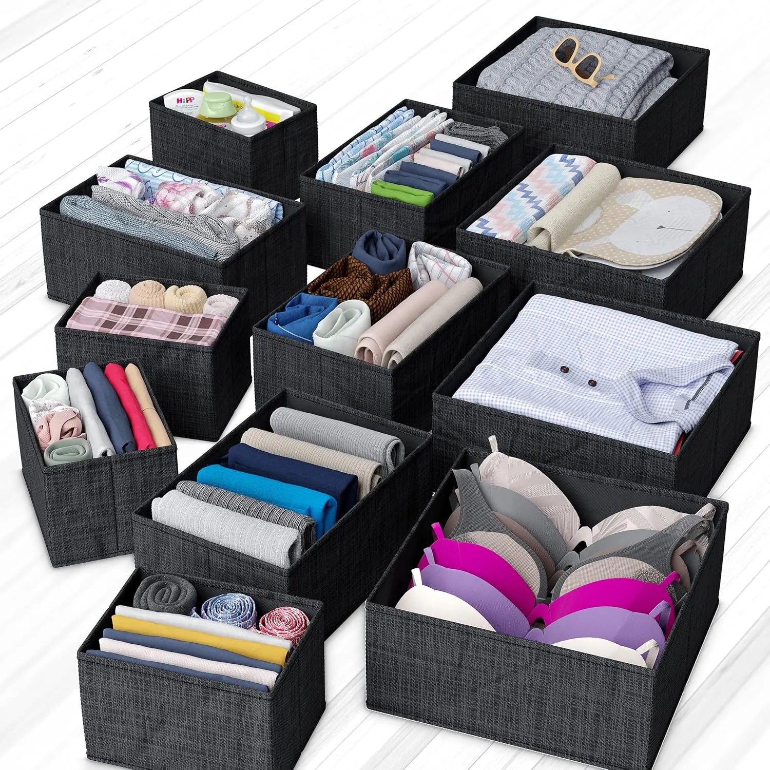 NEATERIZE Drawer Organizer Clothes Set of 12 Black - Dresser Organizer For Nursery, Bedroom, Closet