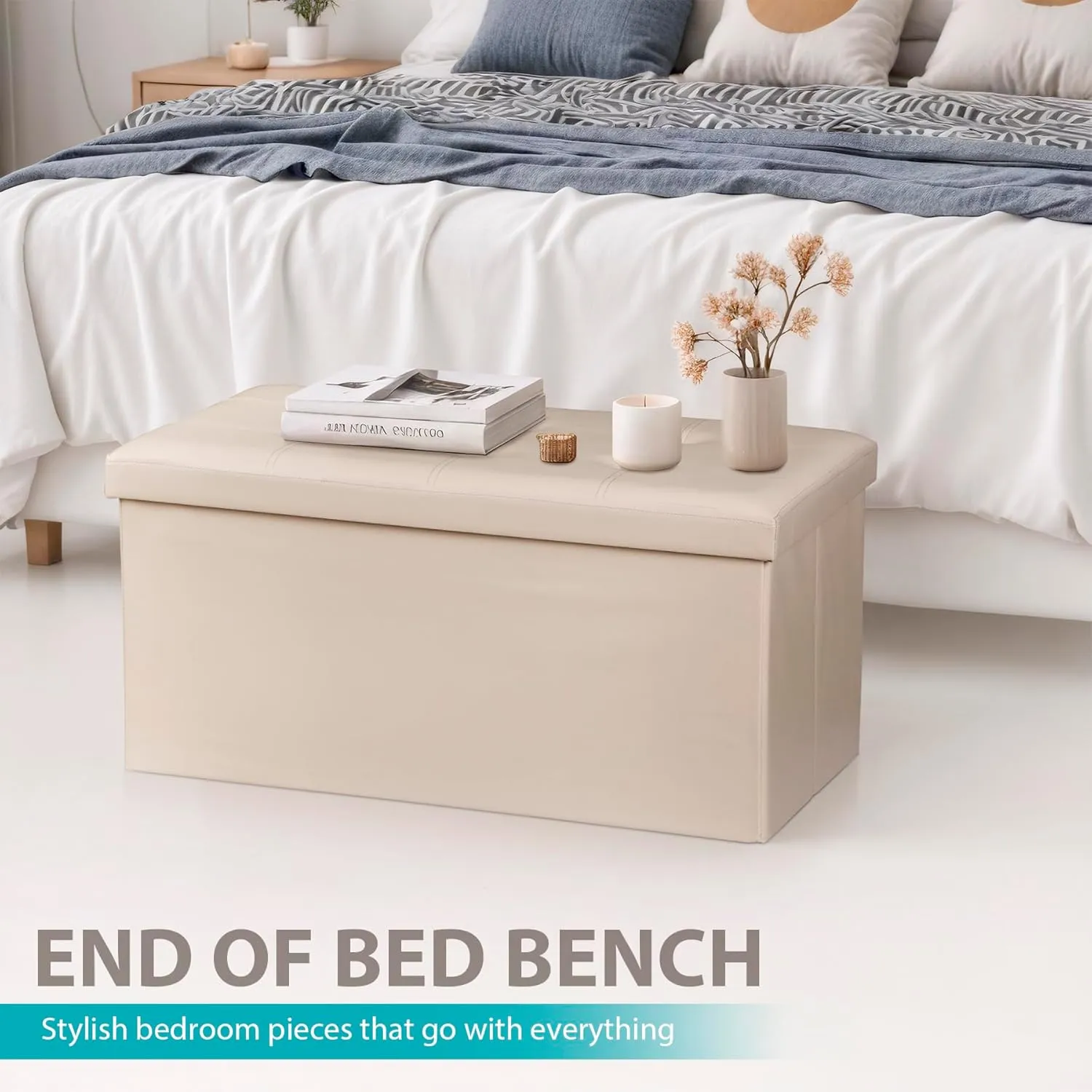 Nova Microdermabrasion 30 Inches Folding Storage Ottoman Bench with Divider Padded Seat, Large Storage Footrest Faux Leather Chest for End of Bedroom Living Room Dorm, Beige