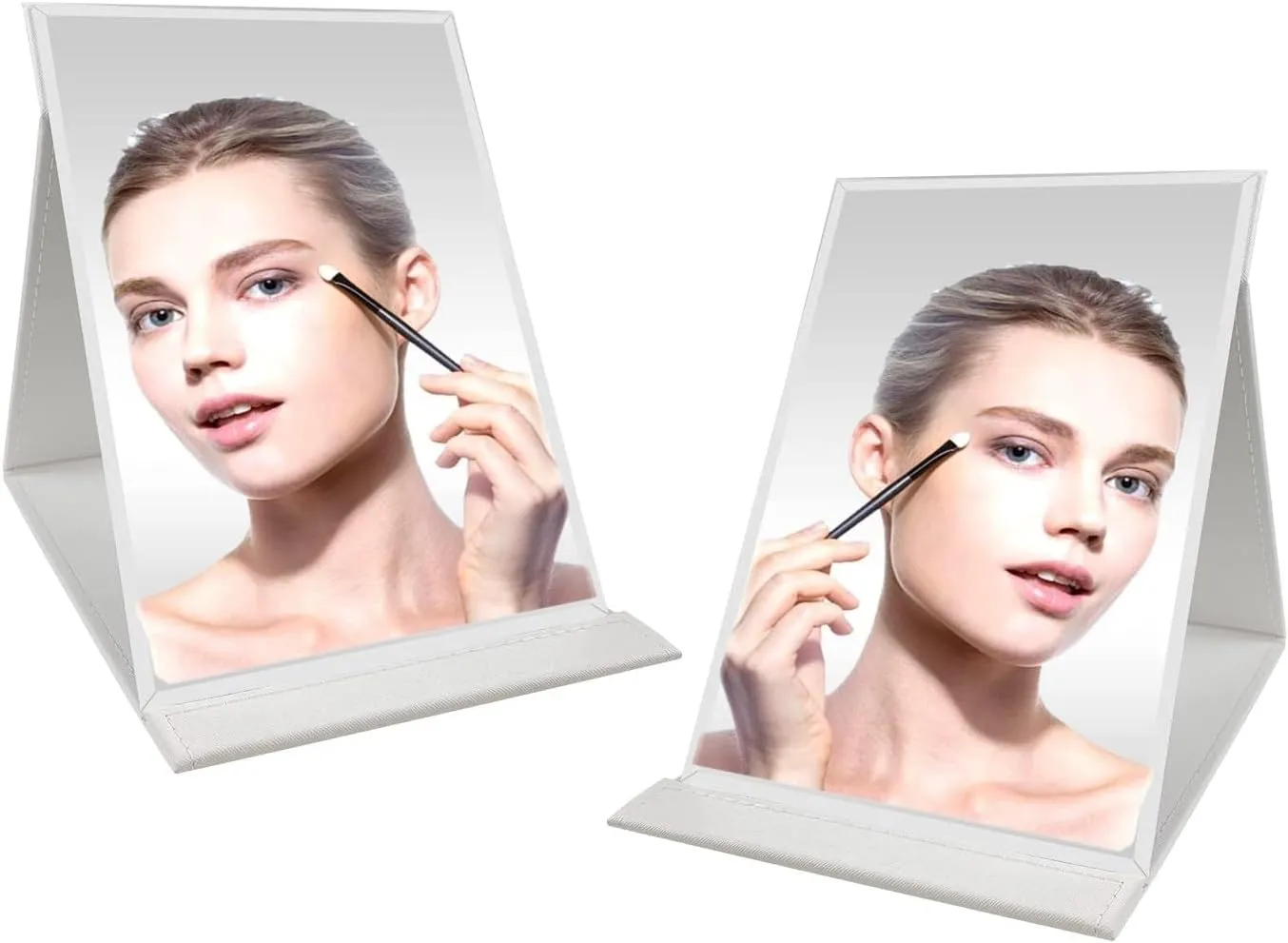 ONICORN® Foldable Makeup Mirror with Stand, Compact Portable Folding Free Standing Travel Vanity Mirror, Frameless PU Leather (White-Pack of 2)