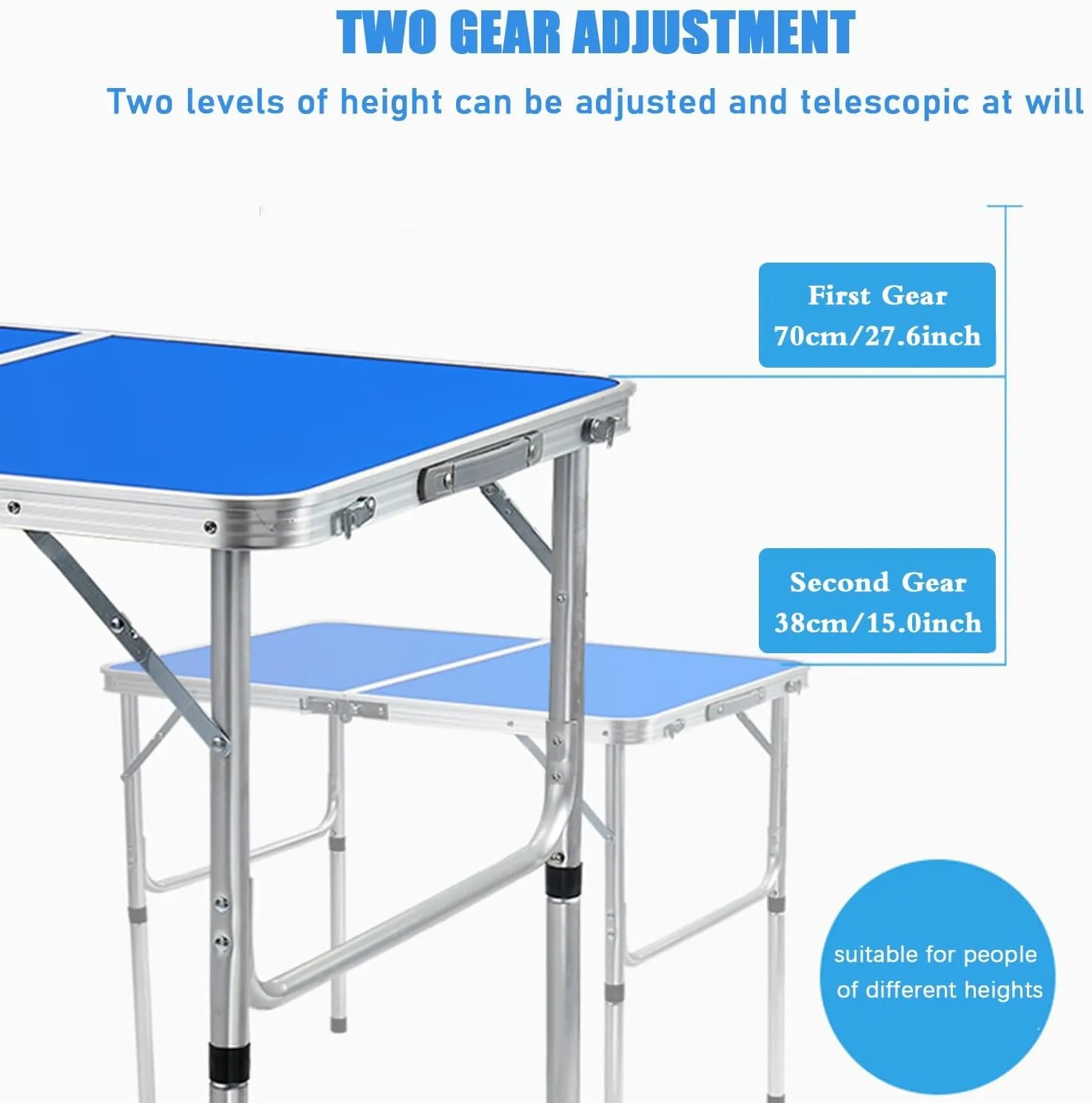 Outdoor Folding Picnic Table with Adjustable Heights Legs, Aluminum Foldable Camping Table, Portable Dining Tables with Handle for Patio Camp Beach Party BBQ, 90x60cm, Blue