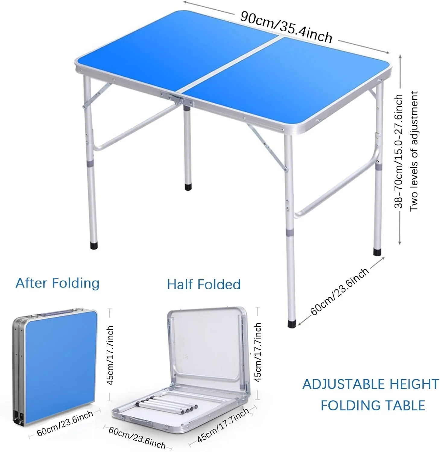 Outdoor Folding Picnic Table with Adjustable Heights Legs, Aluminum Foldable Camping Table, Portable Dining Tables with Handle for Patio Camp Beach Party BBQ, 90x60cm, Blue