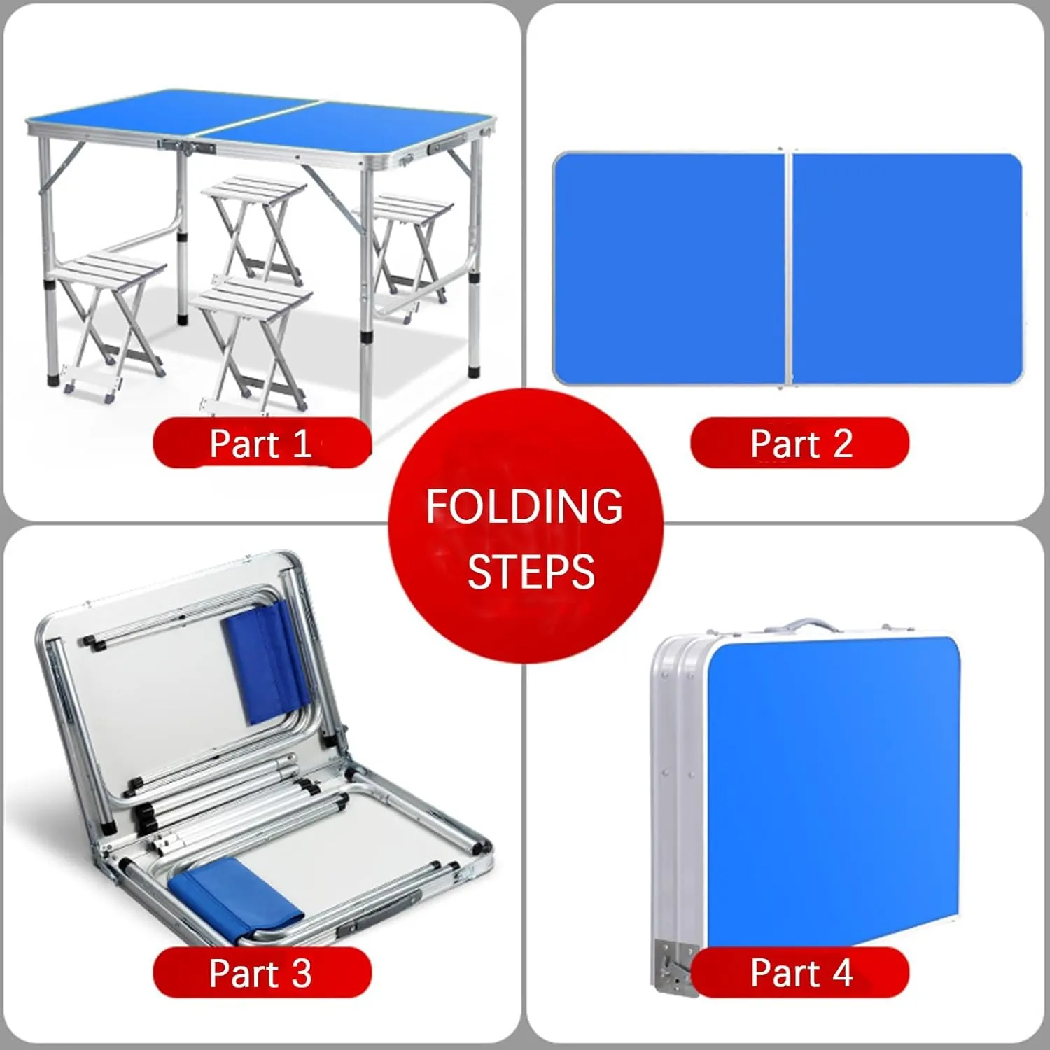 Outdoor Folding Picnic Table with Adjustable Heights Legs, Aluminum Foldable Camping Table, Portable Dining Tables with Handle for Patio Camp Beach Party BBQ, 90x60cm, Blue