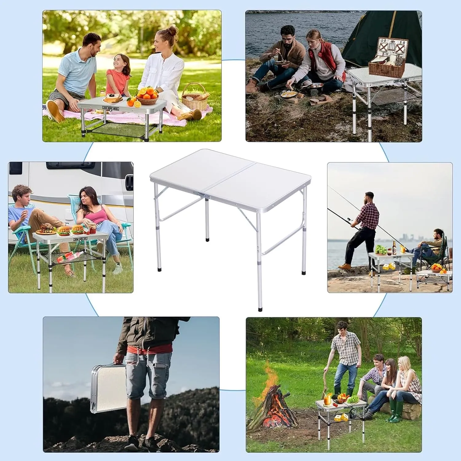 Outdoor Folding Picnic Table with Adjustable Heights Legs, Aluminum Foldable Camping Table, Portable Dining Tables with Handle for Patio Camp Beach Party BBQ, 90x60cm, Blue