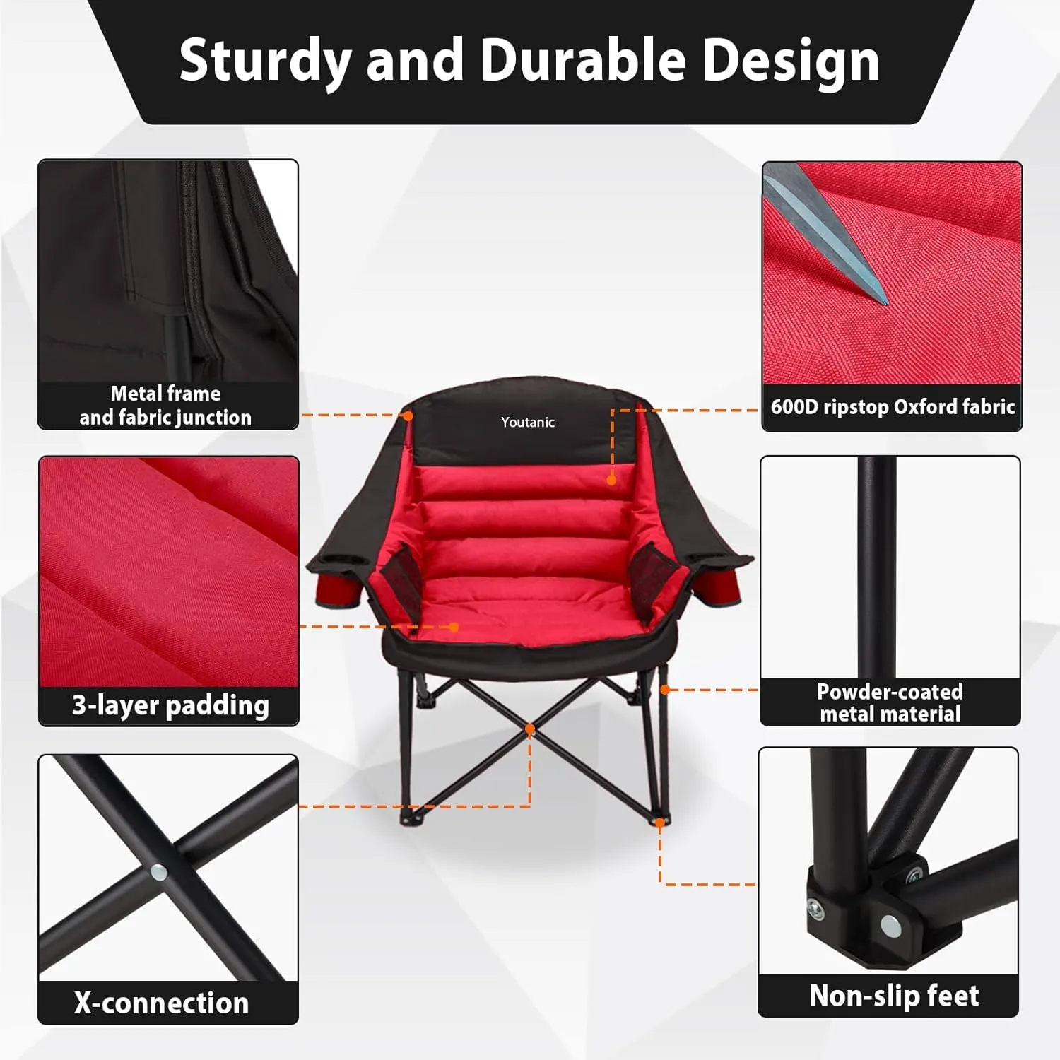 Oversized Camping Chair, Portable Folding Camping Chairs with Side Pocket, Cup Holder and Carry Bag, Heavy Duty Outdoor Camping Chairs for Adults, Fishing, Sports, Trip, up to 400lbs, Style 5