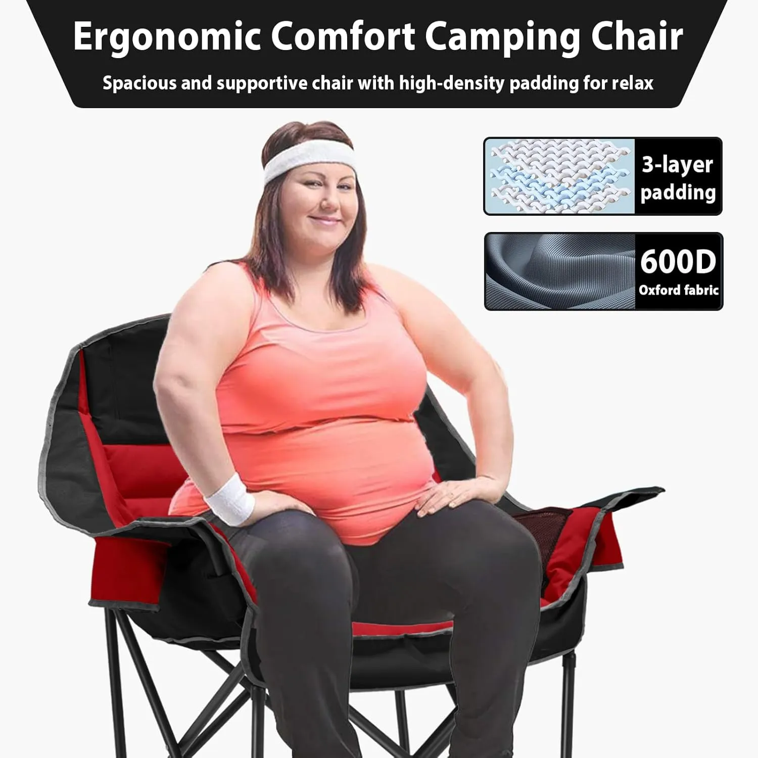Oversized Camping Chair, Portable Folding Camping Chairs with Side Pocket, Cup Holder and Carry Bag, Heavy Duty Outdoor Camping Chairs for Adults, Fishing, Sports, Trip, up to 400lbs, Style 5