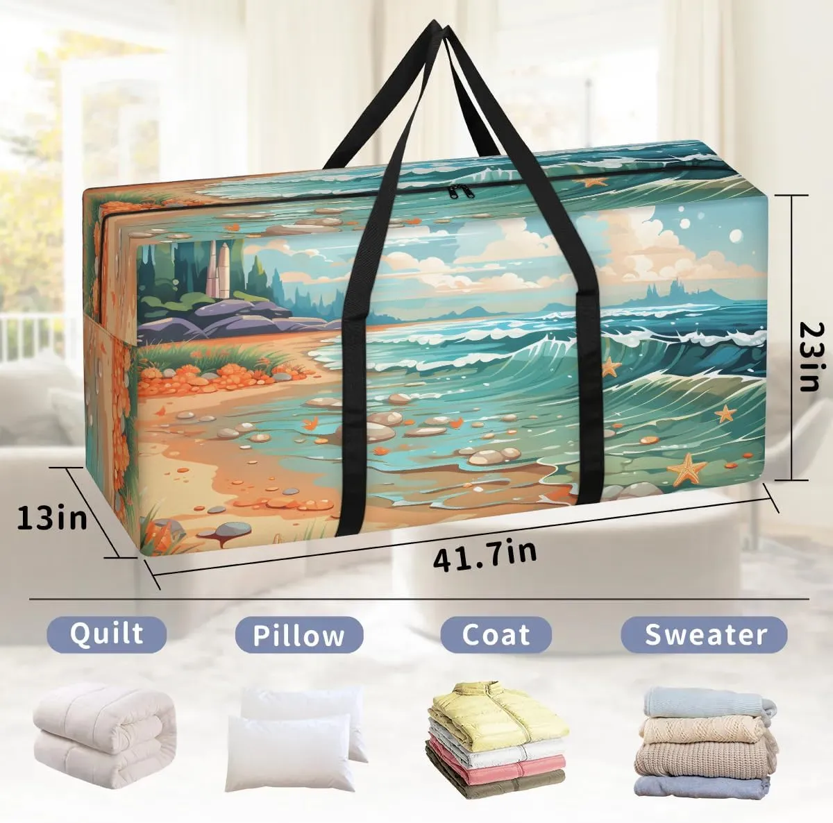 Oversized Moving Bags Beach Ocean Waves Waterproof Storage Totes Large Storage Bags for Clothes Packing Bags for Moving Travel & Clothes Storage