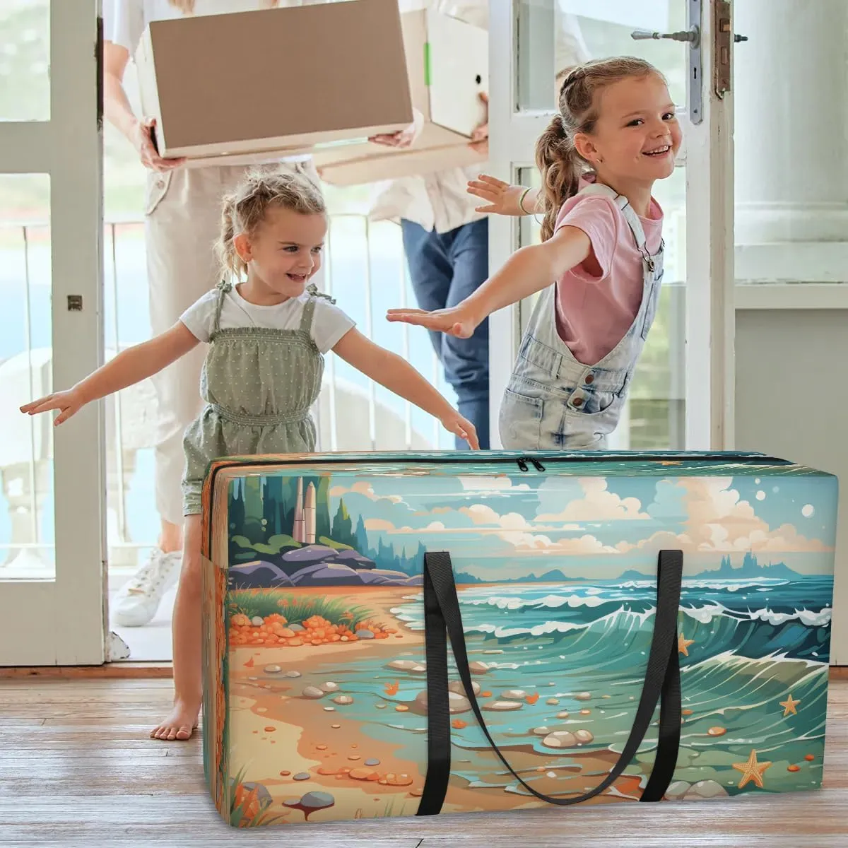 Oversized Moving Bags Beach Ocean Waves Waterproof Storage Totes Large Storage Bags for Clothes Packing Bags for Moving Travel & Clothes Storage