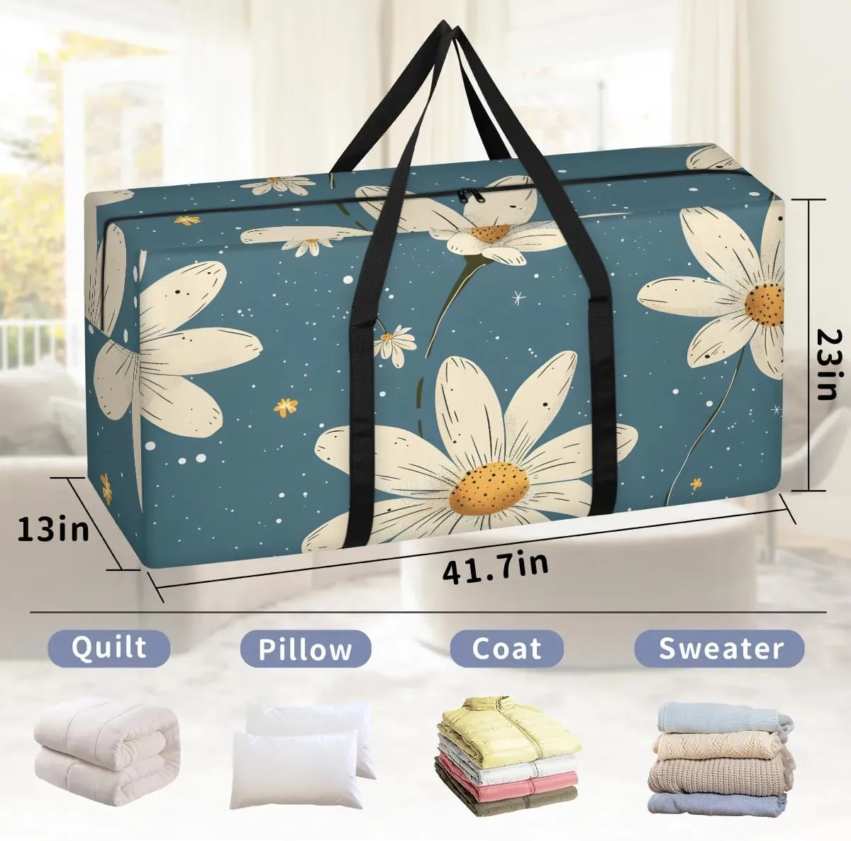 Oversized Moving Bags Daisy Foral Printed Waterproof Storage Totes Large Storage Bags for Clothes Packing Bags for Moving Travel & Clothes Storage