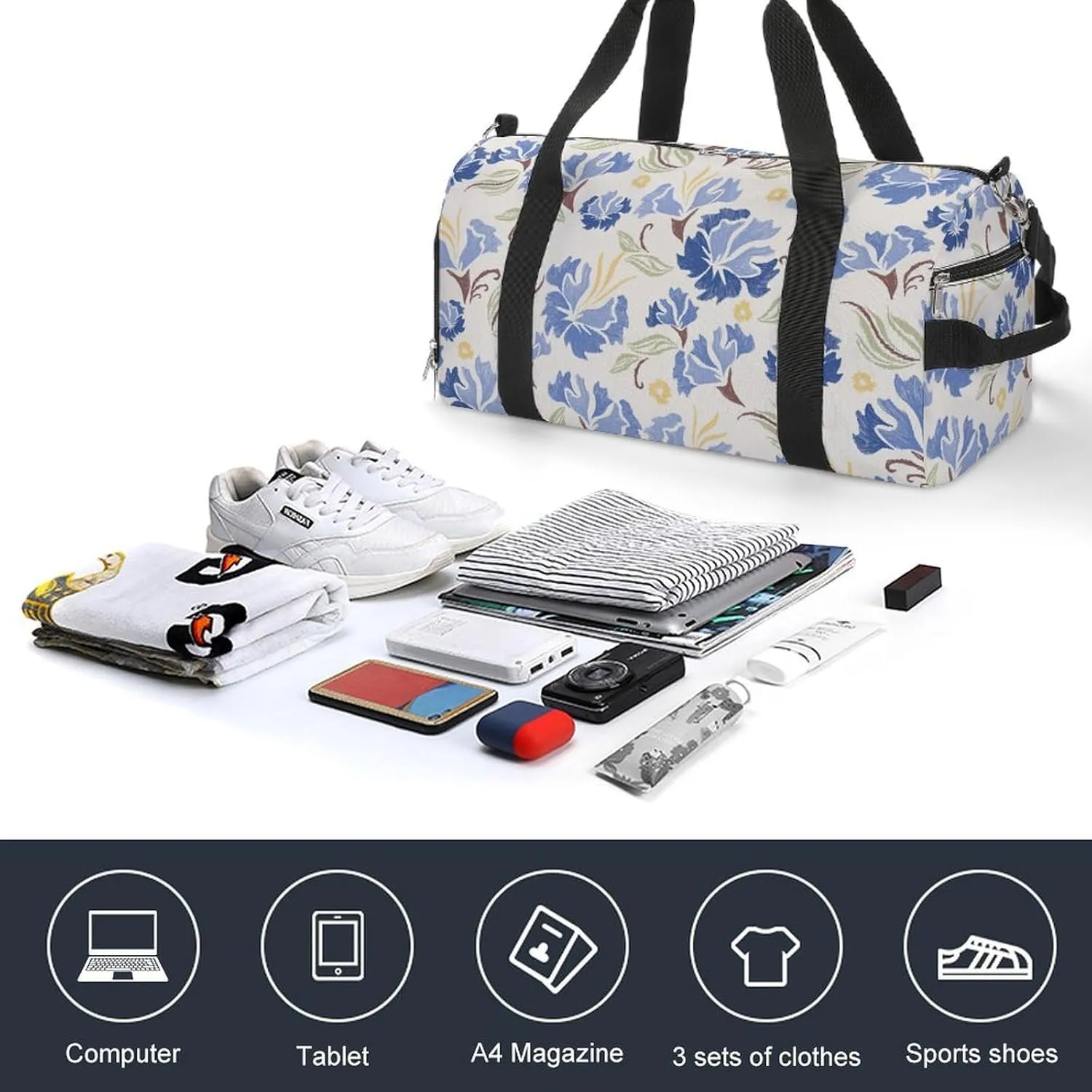 Pastel Blue Carnation Flowers Fitness Large Gym Bag for Unisex with Shoe Compartment & Wet Pocket